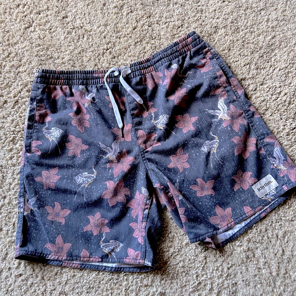 Rhythm volley shorts with a floral and crane pattern.NWOT